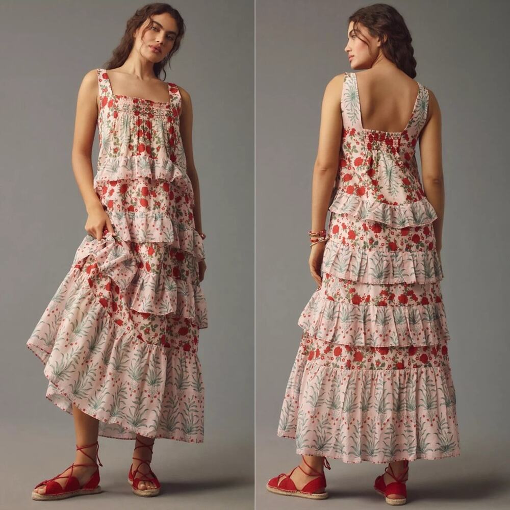 By Anthropologie Sleeveless Square-Neck Tiered Midi Dress